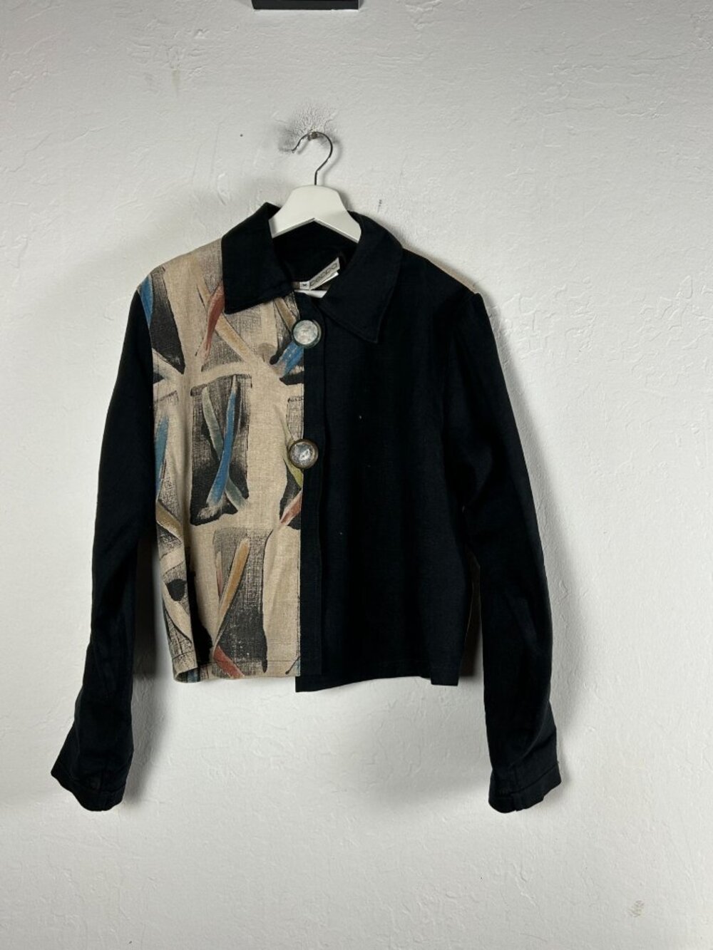 Vintage Beppa Abstract Black Beige Artistic Print Linen Jacket Medium Art Wear